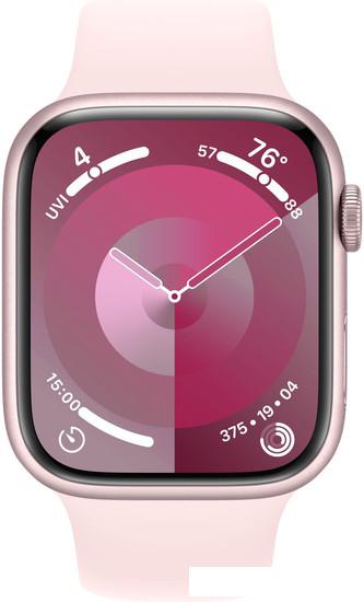 Умные часы Apple Watch Series 9 45 мм (алюминиевый корпус, розовый/розовый, спортивный силиконовый ремешок M/L) - фото
