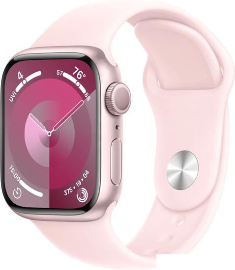 Умные часы Apple Watch Series 9 41 мм (алюминиевый корпус, розовый/розовый, спортивный силиконовый ремешок S/M) - фото