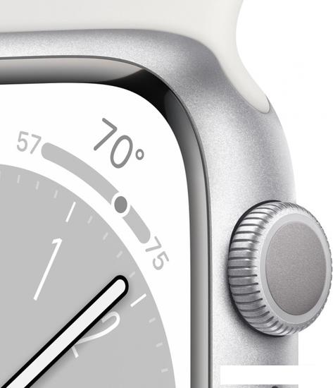 Умные часы Apple Watch Series 8 45 мм (алюминиевый корпус, серебристый/белый, спортивный силиконовый ремешок M/L) - фото