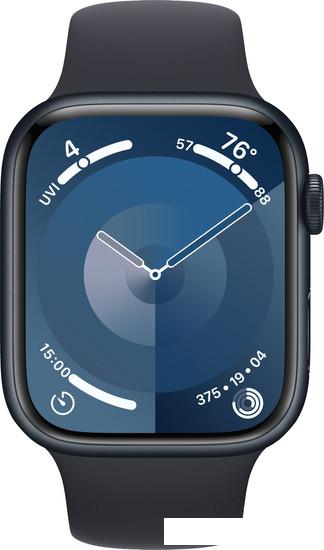 Умные часы Apple Watch Series 9 45 мм (алюминиевый корпус, полуночный/полуночный, спортивный силиконовый ремешок M/L) - фото