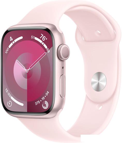 Умные часы Apple Watch Series 9 45 мм (алюминиевый корпус, розовый/розовый, спортивный силиконовый ремешок M/L) - фото