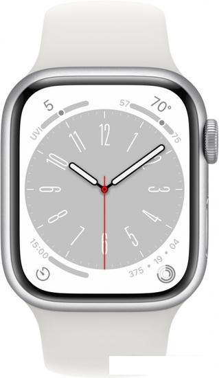 Умные часы Apple Watch Series 8 45 мм (алюминиевый корпус, серебристый/белый, спортивный силиконовый ремешок M/L) - фото