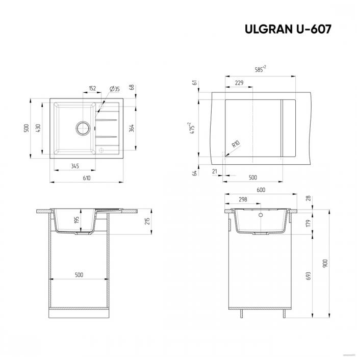 Кухонная мойка Ulgran U-607 (ультра-черный) - фото