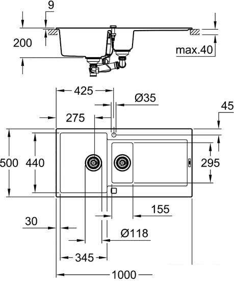 Кухонная мойка Grohe K500 60-C 100/50 1.5 31646AP0 (черный гранит) - фото