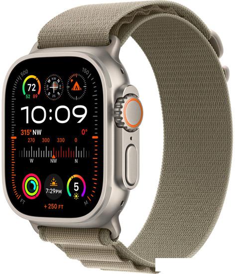 Умные часы Apple Watch Ultra 2 LTE 49 мм (титановый корпус, титановый/оливковый, текстильный ремешок размера M) - фото