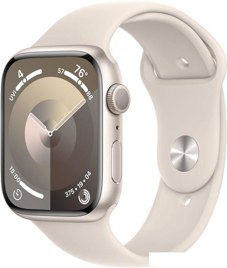 Умные часы Apple Watch Series 9 45 мм (алюминиевый корпус, звездный свет/звездный свет, спортивный силиконовый ремешок M/L) - фото
