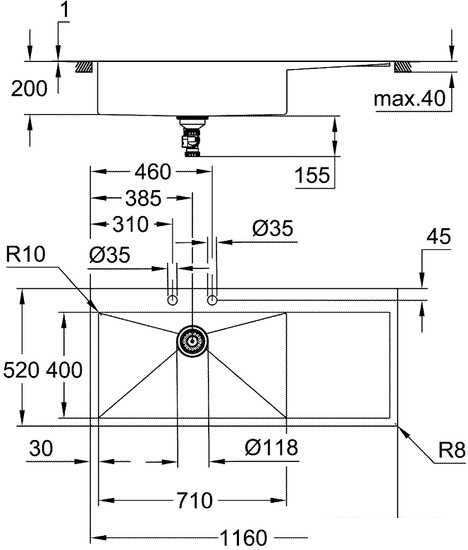 Кухонная мойка Grohe K1000 80-S 116/52 1.0 lh 31581SD1 (левая) - фото