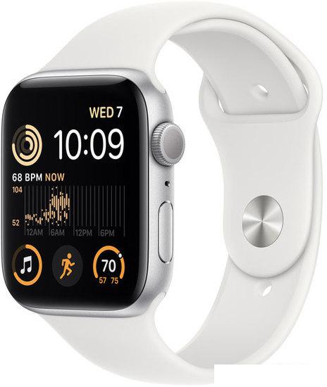 Умные часы Apple Watch SE 2 44 мм (алюминиевый корпус, серебристый/белый, спортивный силиконовый ремешок) - фото