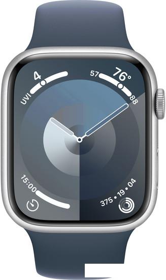 Умные часы Apple Watch Series 9 45 мм (алюминиевый корпус, серебристый/грозовой синий, спортивный силиконовый ремешок M/L) - фото