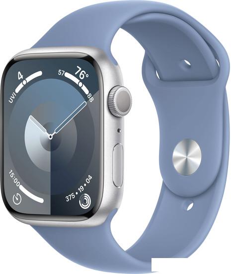 Умные часы Apple Watch Series 9 45 мм (алюминиевый корпус, серебристый/зимний синий, спортивный силиконовый ремешок S/M) - фото