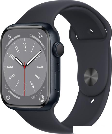 Умные часы Apple Watch Series 8 45 мм (алюминиевый корпус, полуночный/полуночный, спортивный силиконовый ремешок M/L) - фото