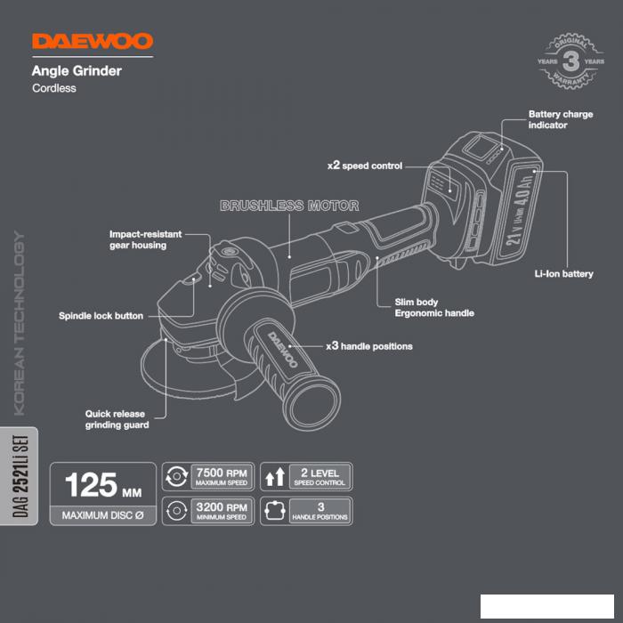 Угловая шлифмашина Daewoo Power DAG 2521Li Set (с 1-им АКБ) - фото