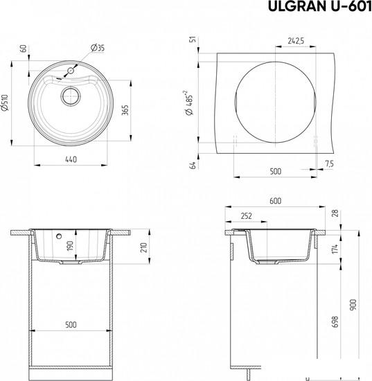 Кухонная мойка Ulgran U-601 (308 черный) - фото