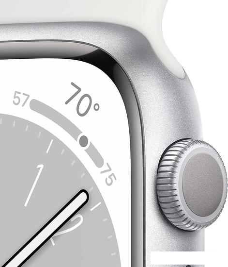 Умные часы Apple Watch Series 8 41 мм (алюминиевый корпус, серебристый/белый, спортивный силиконовый ремешок) - фото
