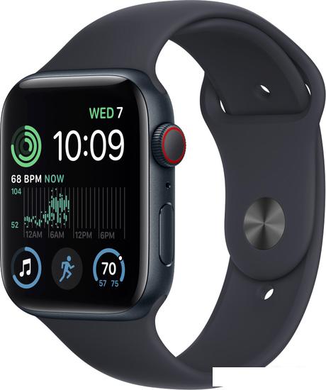 Умные часы Apple Watch SE 2 44 мм (алюминиевый корпус, полуночный/полуночный, спортивный силиконовый ремешок M/L) - фото