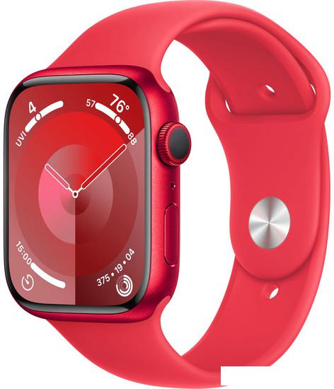 Умные часы Apple Watch Series 9 45 мм (алюминиевый корпус, красный/красный, спортивный силиконовый ремешок M/L) - фото