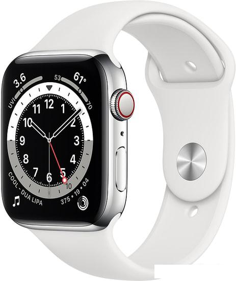 Умные часы Apple Watch Series 6 LTE 44 мм (сталь серебристый/белый спортивный) - фото