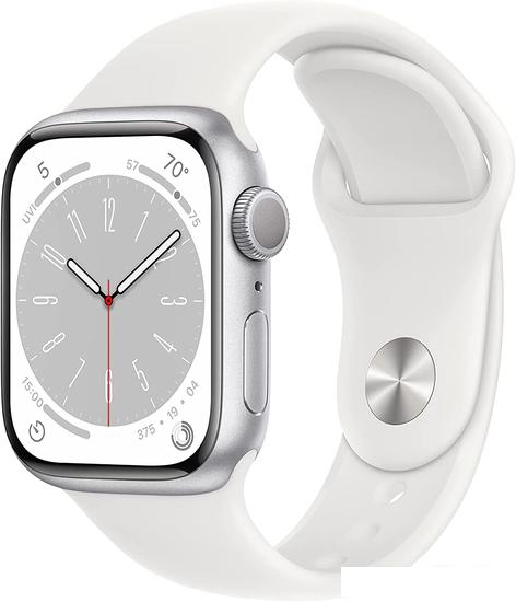 Умные часы Apple Watch Series 8 41 мм (алюминиевый корпус, серебристый/белый, спортивный силиконовый ремешок) - фото