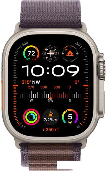 Умные часы Apple Watch Ultra 2 LTE 49 мм (титановый корпус, титановый/индиго, текстильный ремешок размера M) - фото