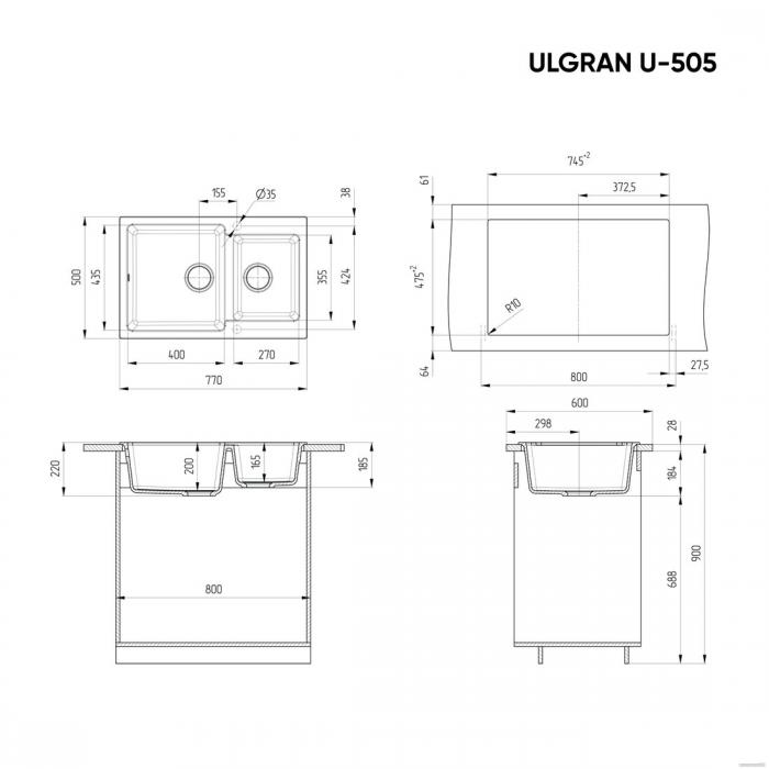 Кухонная мойка Ulgran U-505 (ультра-черный) - фото