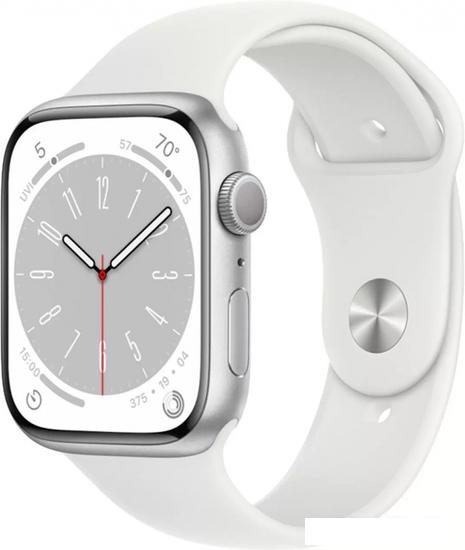 Умные часы Apple Watch Series 8 45 мм (алюминиевый корпус, серебристый/белый, спортивный силиконовый ремешок M/L) - фото