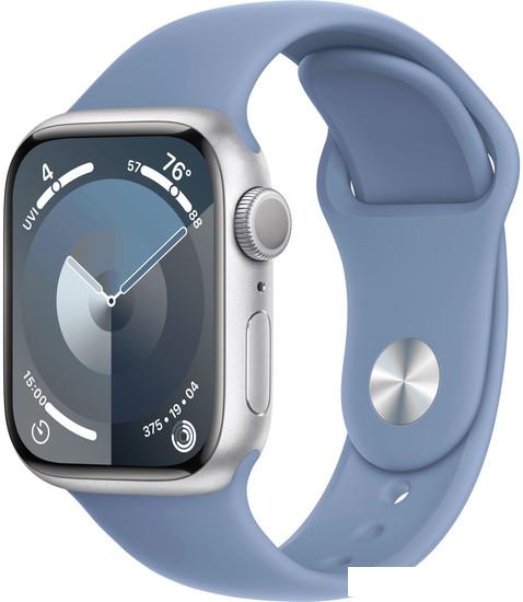Умные часы Apple Watch Series 9 41 мм (алюминиевый корпус, серебристый/зимний синий, спортивный силиконовый ремешок S/M) - фото