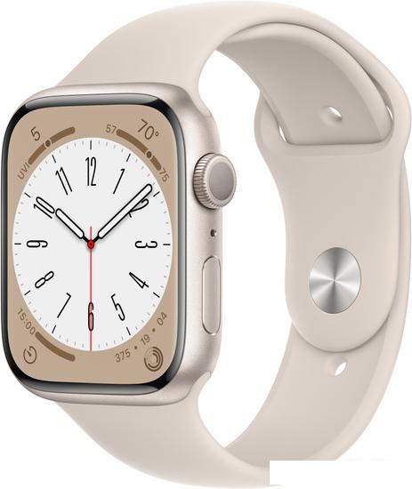 Умные часы Apple Watch Series 8 45 мм (алюминиевый корпус, звездный свет/звездный свет, спортивный силиконовый ремешок M/L) - фото