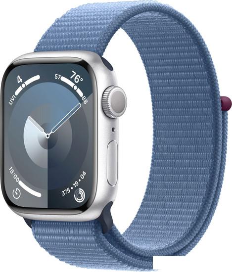 Умные часы Apple Watch Series 9 41 мм (алюминиевый корпус, серебристый/зимний синий, нейлоновый ремешок) - фото