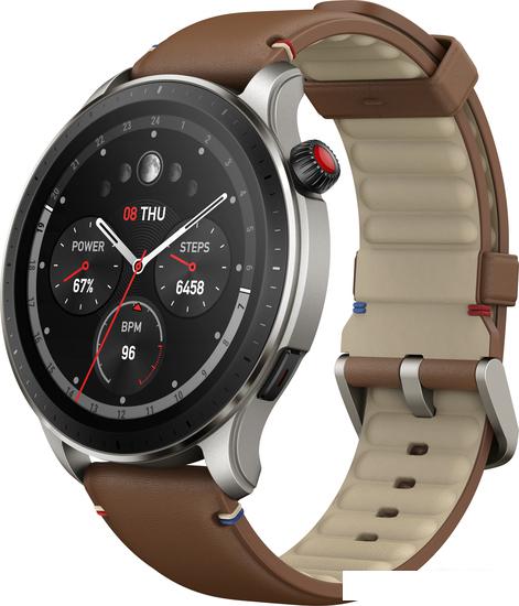 Умные часы Amazfit GTR 4 (серебристый, с коричневым кожаным ремешком) - фото