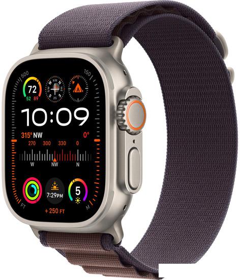 Умные часы Apple Watch Ultra 2 LTE 49 мм (титановый корпус, титановый/индиго, текстильный ремешок размера M) - фото