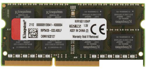 Оперативная память Kingston ValueRAM 8GB DDR3 SODIMM PC3-12800 KVR16S11/8WP - фото