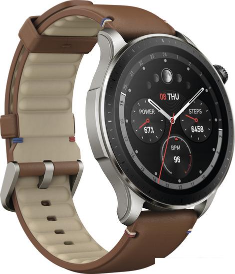 Умные часы Amazfit GTR 4 (серебристый, с коричневым кожаным ремешком) - фото