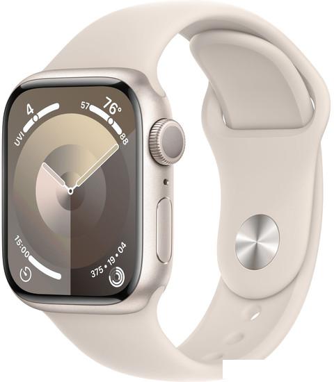 Умные часы Apple Watch Series 9 41 мм (алюминиевый корпус, звездный свет/звездный свет, спортивный силиконовый ремешок M/L) - фото