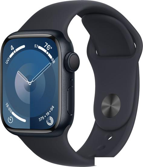 Умные часы Apple Watch Series 9 41 мм (алюминиевый корпус, полуночный/полуночный, спортивный силиконовый ремешок, размер 7) - фото