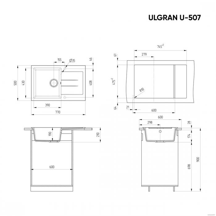 Кухонная мойка Ulgran U-507 (ультра-черный) - фото