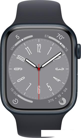 Умные часы Apple Watch Series 8 45 мм (алюминиевый корпус, полуночный/полуночный, спортивный силиконовый ремешок M/L) - фото